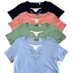 Basic Editions Lot of 4 Womens Henley T-Shirt Tops L Embroidered Beaded Colorful